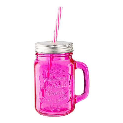 Coloured Glass Mason Jar With Straw Assorted Colours Drinkware FabFinds Pink  
