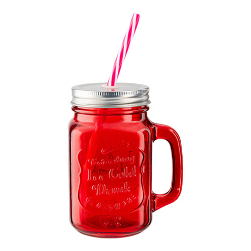 Coloured Glass Mason Jar With Straw Assorted Colours Drinkware FabFinds Red  