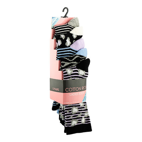 Ladies Cotton Rich Patterned Socks 5 Pk Size 4-7 Assorted Styles Socks FabFinds   