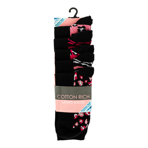 Ladies Cotton Rich Patterned Socks 5 Pk Size 4-7 Assorted Styles Socks FabFinds Black & Pink  