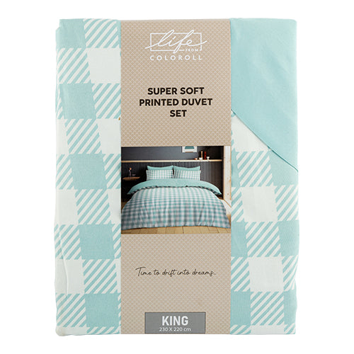 Life From Coloroll Super Soft Blue Check Printed Duvet Set King Duvets Coloroll   