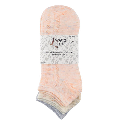 Love To Laze Ladies Jacquard Design Socks 3 Pk Size 4-7 Assorted Styles Socks Love to Laze Pink Cream & Grey Pattern  