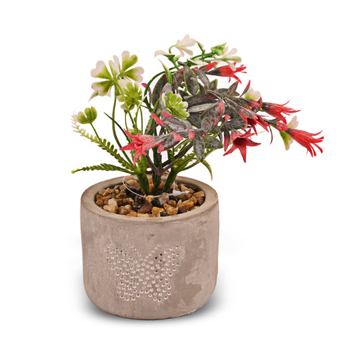 Butterfly Patterned Grey Pot Artificial Red & White Flower Plant Artificial Trees FabFinds   