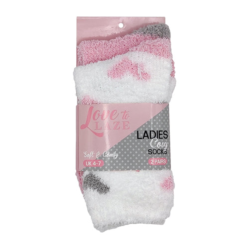 Women's Twin Pack Snuggle Socks White Pink Heart Patterned UK 4-7 Snuggle Socks FabFinds   