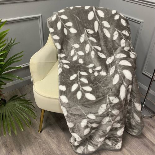 Coloroll Grey & White Leaf Faux Mink Throw 150 x 200cm Throws & Blankets FabFinds   