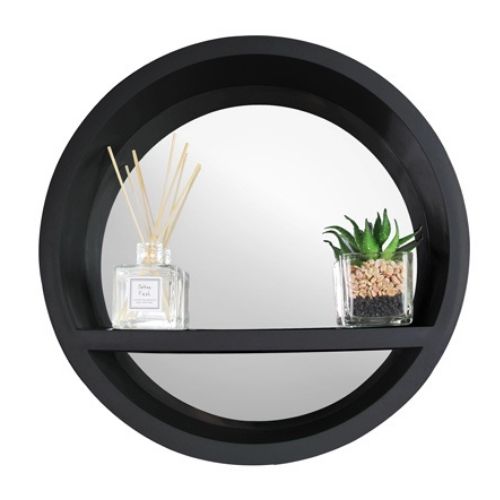 Round Black Mirror With Shelf 30cm Shelving Home Collection   