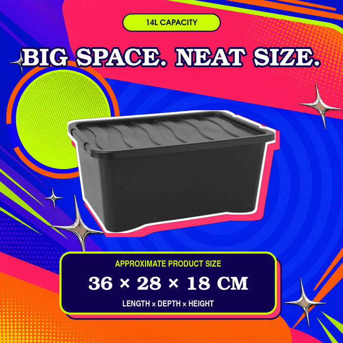 Black Plastic Storage Box With Lid 14L Assorted Pack Sizes Storage Boxes FabFinds