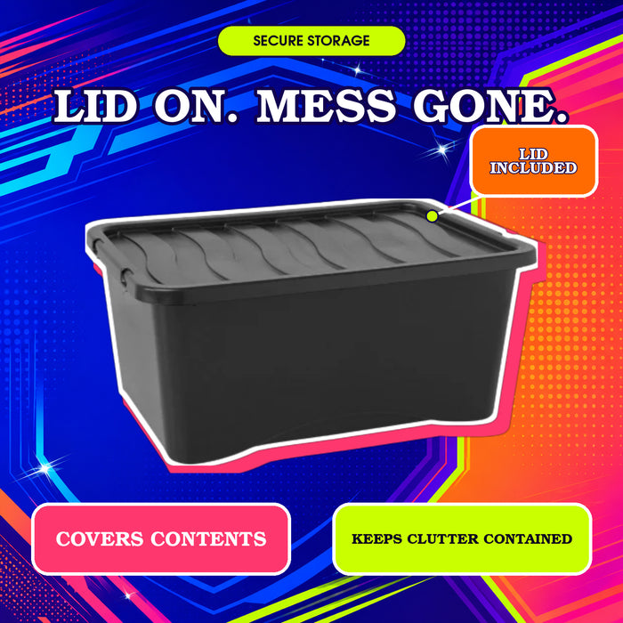 Black Plastic Storage Box With Lid 14L Assorted Pack Sizes Storage Boxes FabFinds
