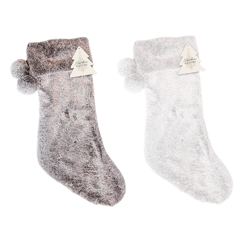 Faux Fur Christmas Stocking With Pom Poms 55cm x 20cm Christmas Accessories FabFinds