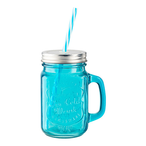 Coloured Glass Mason Jar With Straw Assorted Colours Drinkware FabFinds Blue  