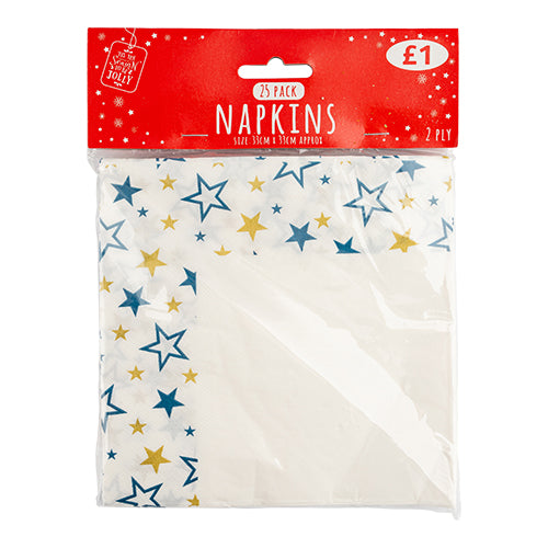 Tis The Season To Be Jolly Blue & Gold Star Napkins 25 Pk Christmas Tableware FabFinds   