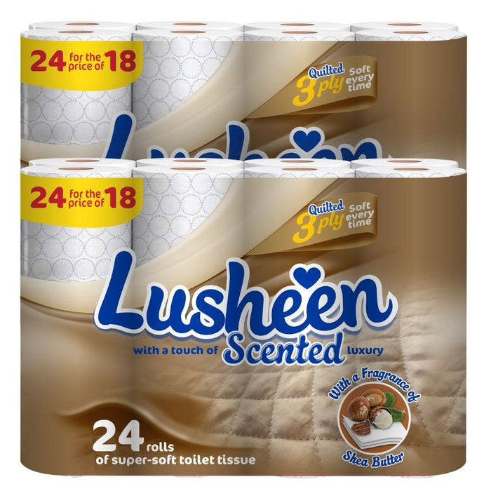 Lusheen Shea Butter Fragrance Toilet Roll 24 Rolls Toilet Roll & Wipes Cusheen Pack of 2