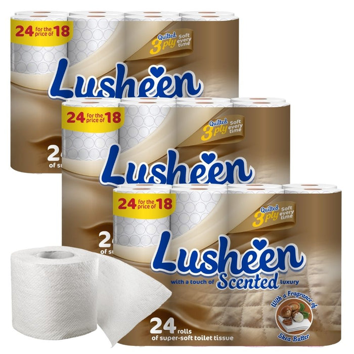 Lusheen Shea Butter Fragrance Toilet Roll 24 Rolls Toilet Roll & Wipes Cusheen Pack of 3