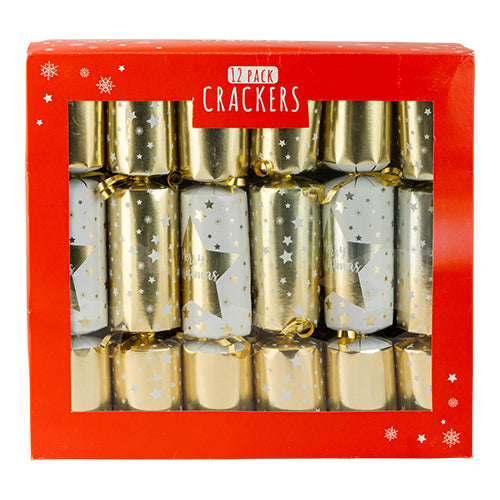 Gold & White Star Christmas Crackers 12 Pack Christmas Tableware FabFinds   
