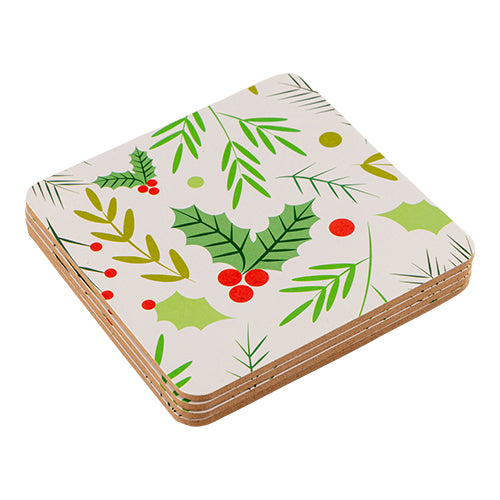 Christmas Coasters Holly & Leaves 4 Pack Christmas Tableware FabFinds   
