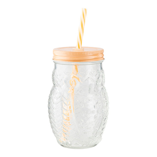 Woolf & Baker Owl Mason Jar With Straw Assorted Colours Kitchen Accessories woolf & baker Orange Lid  