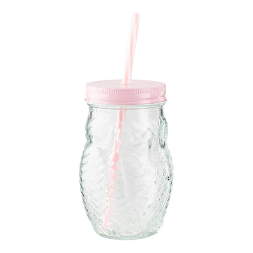 Woolf & Baker Owl Mason Jar With Straw Assorted Colours Kitchen Accessories woolf & baker Pink Lid  