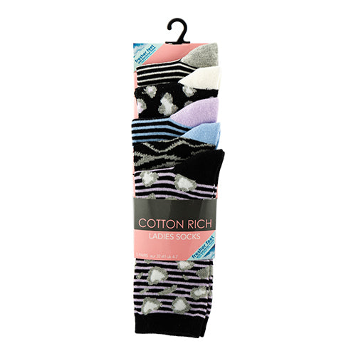 Ladies Cotton Rich Patterned Socks 5 Pk Size 4-7 Assorted Styles Socks FabFinds Black Blue Grey & Lilac  