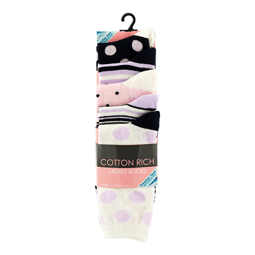 Ladies Cotton Rich Patterned Socks 5 Pk Size 4-7 Assorted Styles Socks FabFinds White Lilac & Black  