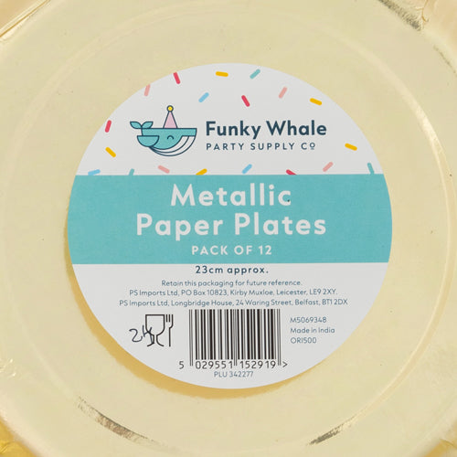 Funky Whale Gold Metallic Paper Plates 23cm 12 Pack Disposable Plates Funky Whale   