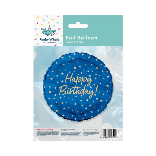 Funky Whale Blue and Gold Star Happy Birthday Foil Balloon 36cm Party decor Funky Whale   
