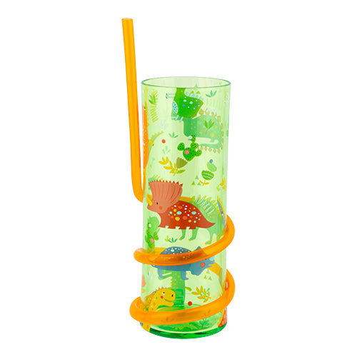 Kids Green Dinosaur Cup With Curly Straw Drinkware FabFinds   