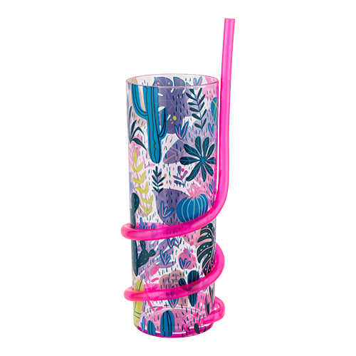 Kids Pink Tropical Plant Cup With Curly Straw Drinkware FabFinds   