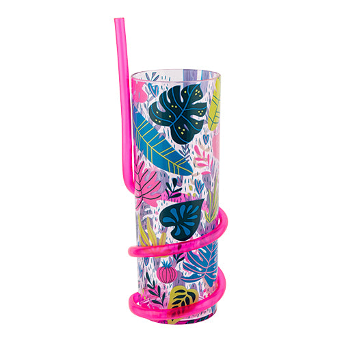 Kids Pink Tropical Plant Cup With Curly Straw Drinkware FabFinds   