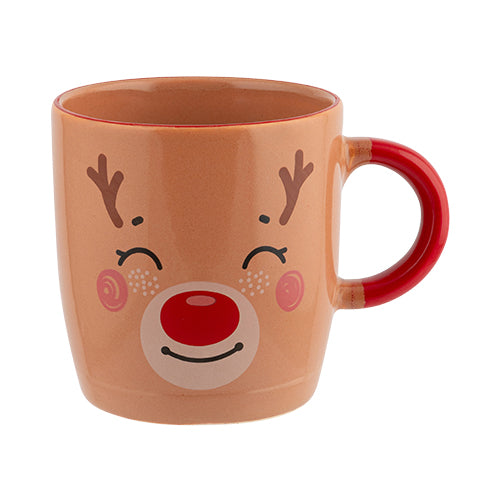 Reindeer Face Beige & Red Christmas Mug Mugs FabFinds   
