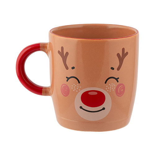 Reindeer Face Beige & Red Christmas Mug Mugs FabFinds   