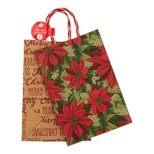 Poinsettia & Merry Christmas Paper Gifts Bags 2 Pack Christmas Gift Bags & Boxes FabFinds   