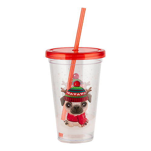 Kids Christmas Pug Drinking Cup With Straw Christmas Accessories FabFinds   