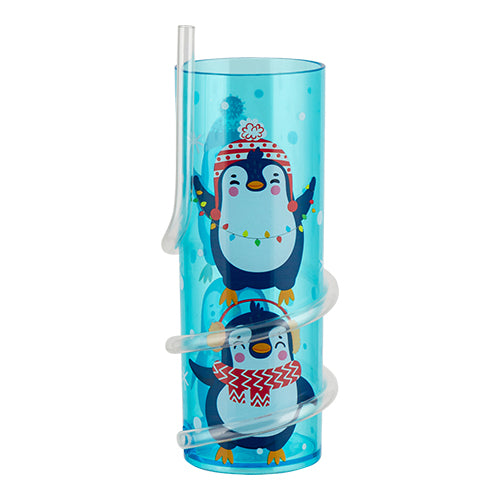 Kids Penguin Drinking Cup With Curly Straw Christmas Tableware FabFinds   