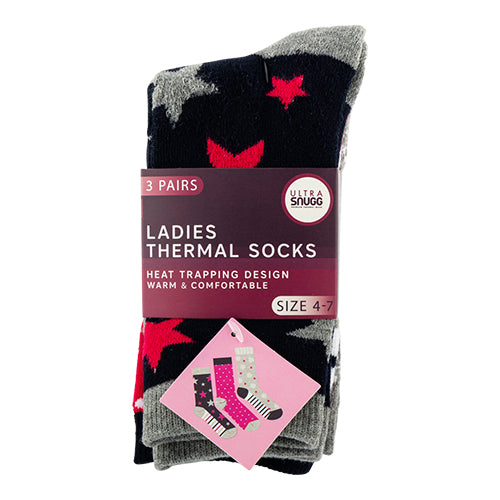 Ladies Thermal Patterned Socks Size 4-7 3 Pack Assorted Styles Socks FabFinds Stars Print  