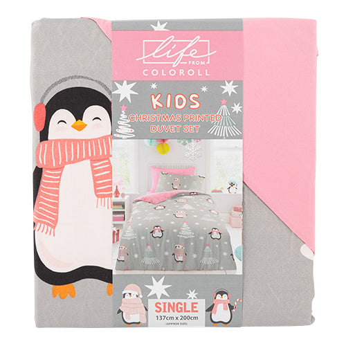 Life From Coloroll Kids Snowy Penguin Christmas Printed Duvet Set Single Duvet Sets Coloroll   