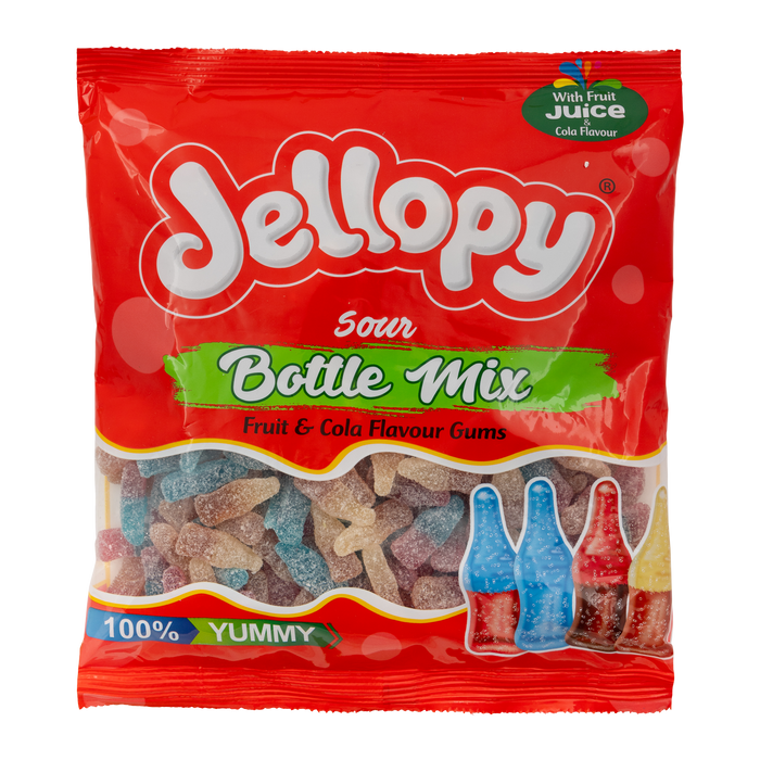 Jellopy Sour Bottle Mix Fruit & Cola Flavour Gum 500g Sweets, Mints & Chewing Gum jellopy   