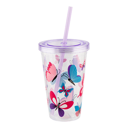 Butterfly Reusable Drinking Cup With Straw Assorted Colours Kitchen Accessories FabFinds Purple Lid  