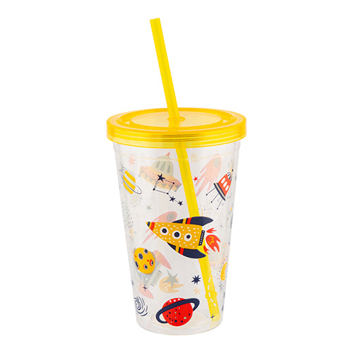 Space Themed Plastic Drinking Cup With Straw Assorted Colours Kitchen Accessories FabFinds Yellow  