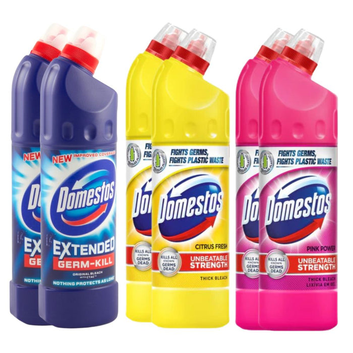 Four bottles of Domestos Extended Germ-Kill toilet cleaner shown in four flavors: Blue, Yellow, and Pink. The bottles are arranged in two rows of two against a plain white background.