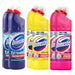 Four bottles of Domestos Extended Germ-Kill toilet cleaner shown in four flavors: Blue, Yellow, and Pink. The bottles are arranged in two rows of two against a plain white background.