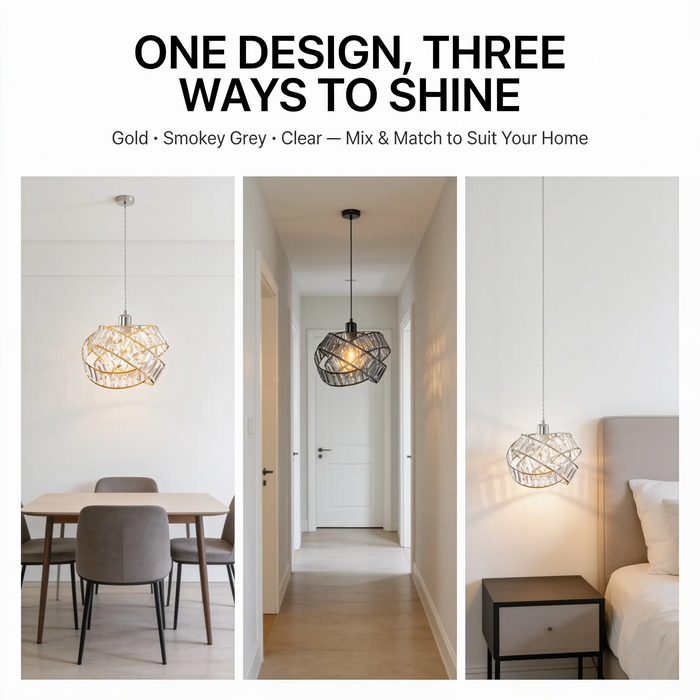 Promotional graphic for a geometric pendant light fixture, showing the same hanging lamp in three interior settings: a dining room, a hallway, and a bedroom. Large text at the top reads 'ONE DESIGN, THREE WAYS TO SHINE' with smaller text listing finish options: Gold, Smokey Grey, and Clear.