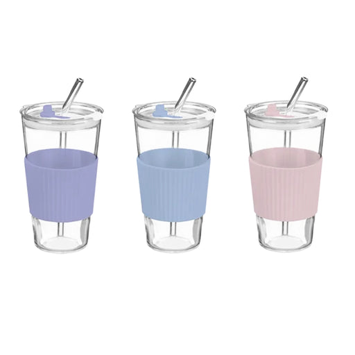 Glass Cup With Ribbed Sleeve and Straw 450ml Assorted Colours Drinkware FabFinds