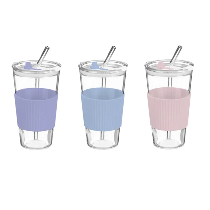 Three clear plastic travel tumblers with metal straws and silicone sleeves in lavender, light blue, and light pink, shown on a plain white background.