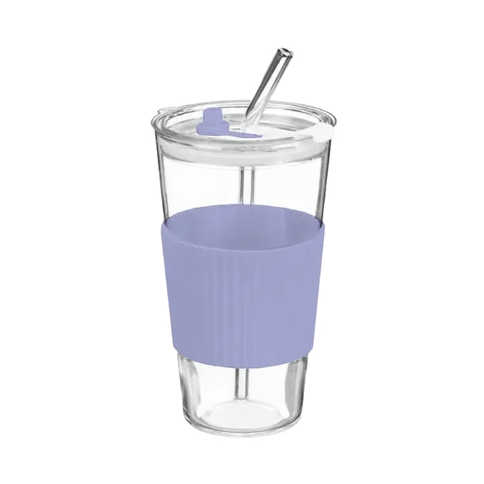 Glass Cup With Ribbed Sleeve and Straw 450ml Assorted Colours