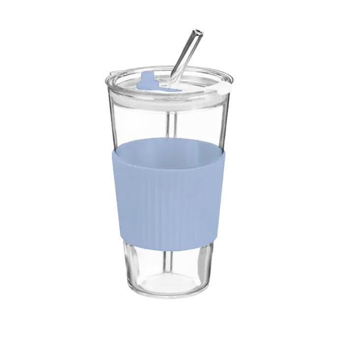 Glass Cup With Ribbed Sleeve and Straw 450ml Assorted Colours