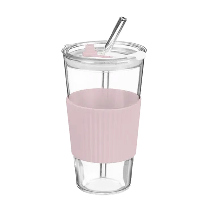 Glass Cup With Ribbed Sleeve and Straw 450ml Assorted Colours
