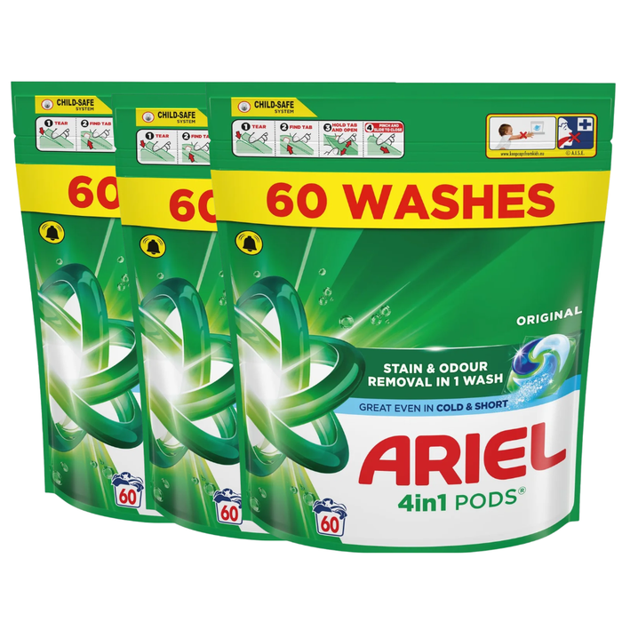 Ariel All-in-1 Pods Original 58|60 Washes Assorted Packs Fabric Stain Removers Ariel 60 Pack of 3