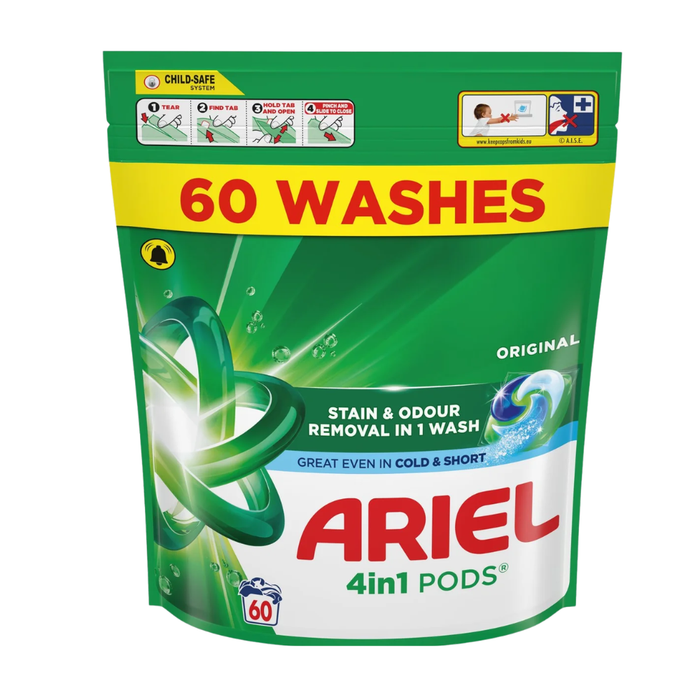 Ariel All-in-1 Pods Original 58|60 Washes Assorted Packs Fabric Stain Removers Ariel 60 Pack of 1