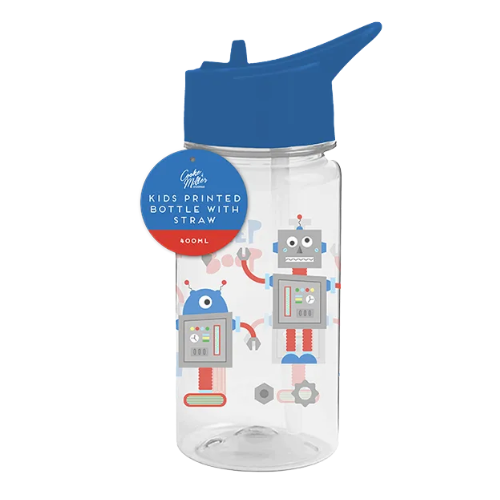 Boys Printed Bottle with Straw 400ml FabFinds Robots