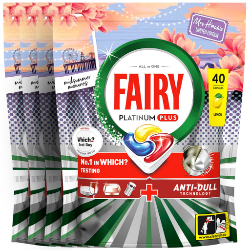Fairy Platinum Plus Mrs Hinch's Midsummer Memories 40 Wash Dishwasher Tablets Assorted Packs Dishwasher Tablets & Rinse Aids Fairy Pack of 4